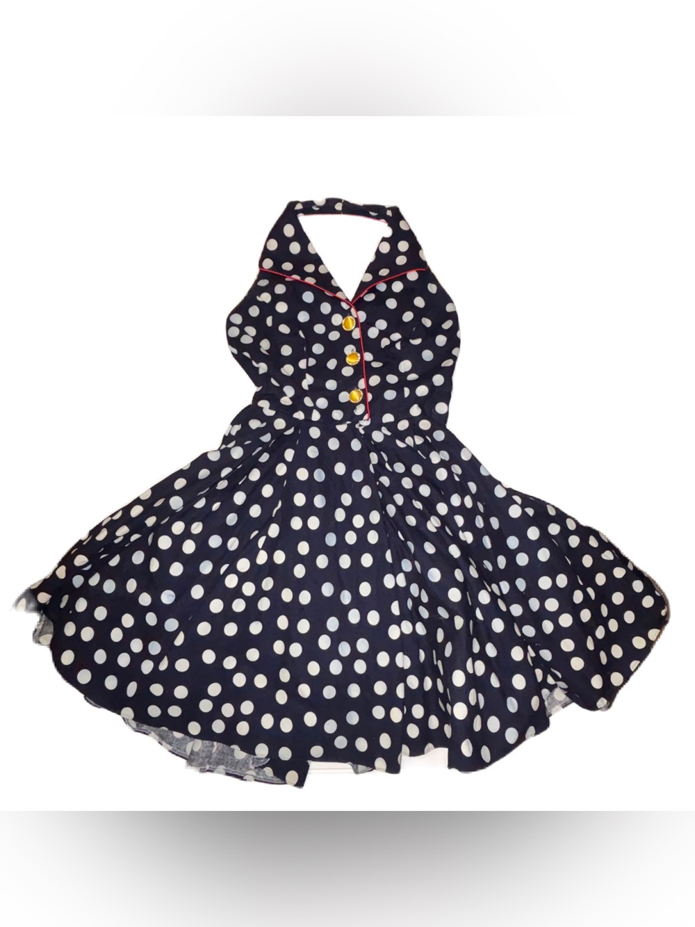 Rimini Navy & White Polka Dot Halter Fit-and-Flare Women's Rockabilly Dress 10